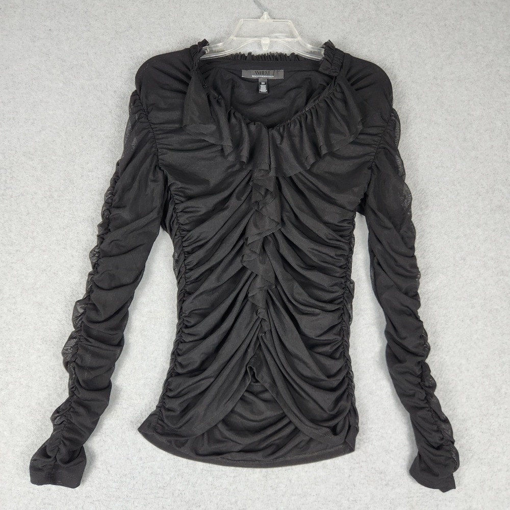 White House Black Market Ruched Top Womens XS Black Mesh Ruffle Detail V-Neck